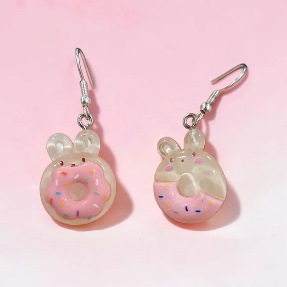 Handmade Sugar Bunny Donut Earrings | Y2K Novelty Cute Statement Jewelry - Picture 5 of 5